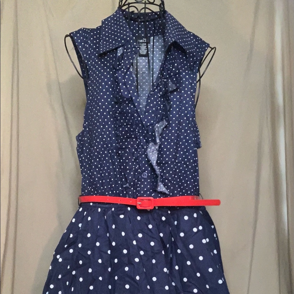 Blue polkadot dress with red belt